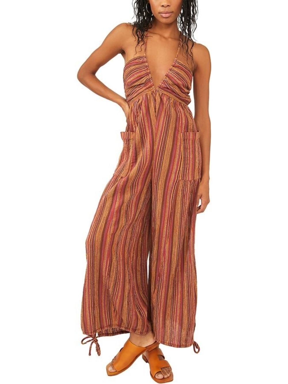 Rue21 Striped Halter Jumpsuit in Rust, Mustard, Pink